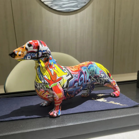 Painted Colorful Dachshund Dog Decoration Home Modern Wine Cabinet Office Decoration Tabletop Resin Crafts Miniature Statues