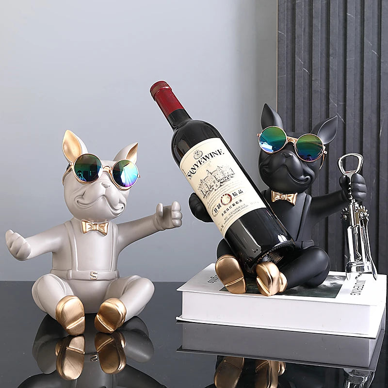 New French Bulldog Statue Wine Rack Dog Sculpture Home Decor Table Decoration Wine Holder Accessories Free Corkscrew Wine Opener