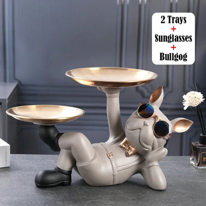 Resin Home Decor Dog Statue Butler with Tray Live Room French Bulldog Figurines Table Ornaments Decorative Dog Sculpture Gift