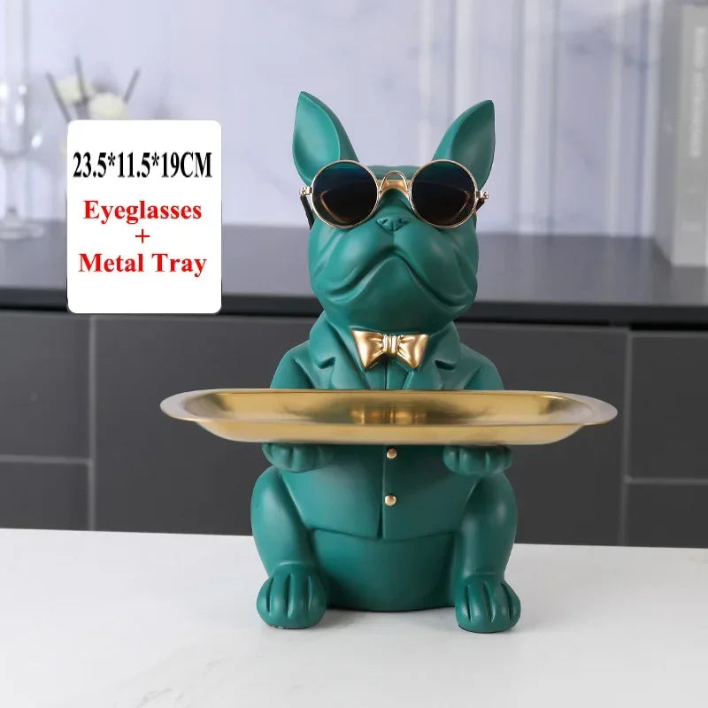 Resin Home Decor Dog Statue Butler with Tray Live Room French Bulldog Figurines Table Ornaments Decorative Dog Sculpture Gift