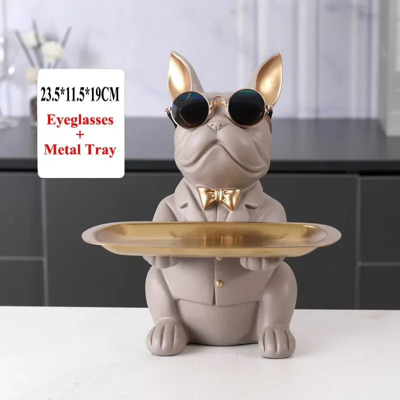 Resin Home Decor Dog Statue Butler with Tray Live Room French Bulldog Figurines Table Ornaments Decorative Dog Sculpture Gift