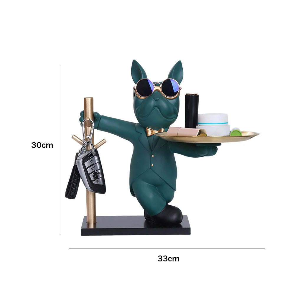 French Bulldog Sculpture Decoration Dog Figure Resin Statue Decor Decorative Figurine Storage Metal Tray Entrance Key Holder