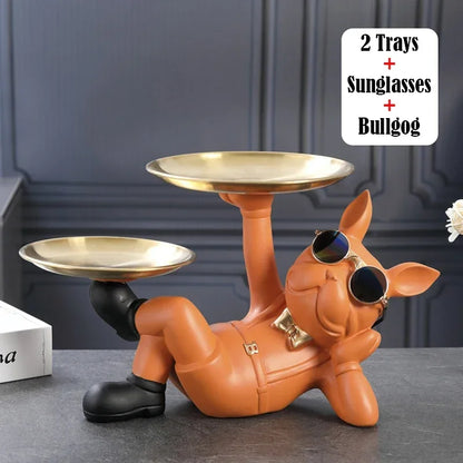 Resin Home Decor Dog Statue Butler with Tray Live Room French Bulldog Figurines Table Ornaments Decorative Dog Sculpture Gift