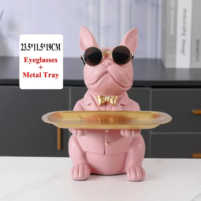 Resin Home Decor Dog Statue Butler with Tray Live Room French Bulldog Figurines Table Ornaments Decorative Dog Sculpture Gift