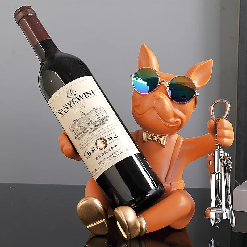 New French Bulldog Statue Wine Rack Dog Sculpture Home Decor Table Decoration Wine Holder Accessories Free Corkscrew Wine Opener