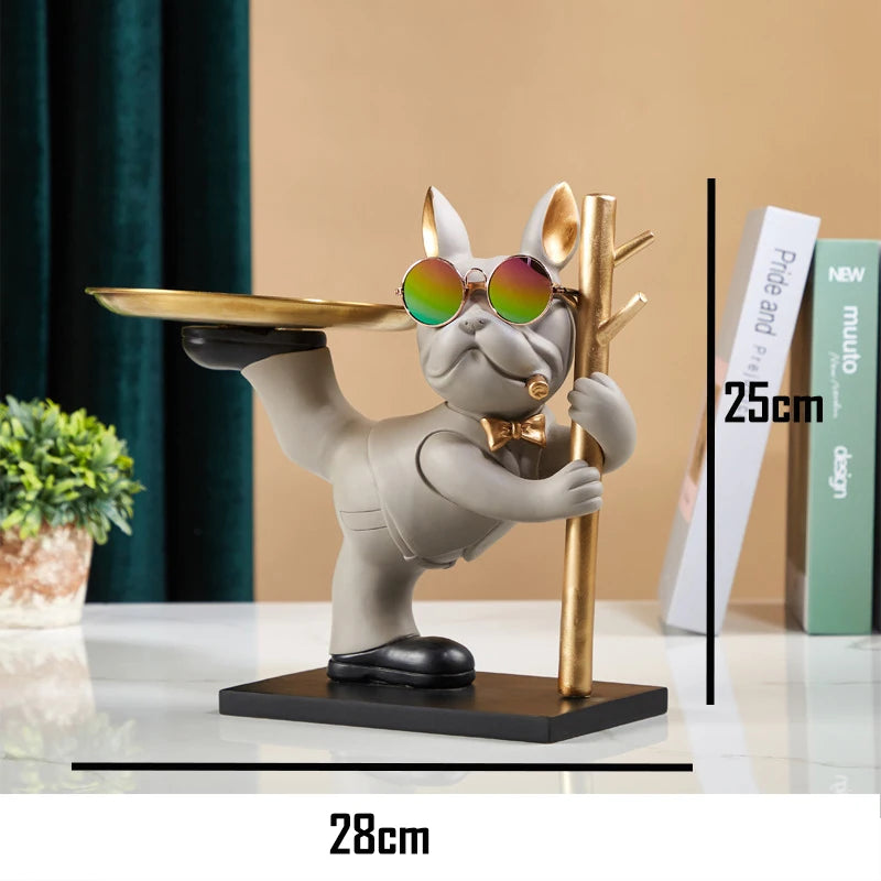 French Bulldog Sculpture Decoration Dog Figure Resin Statue Decor Decorative Figurine Storage Metal Tray Entrance Key Holder