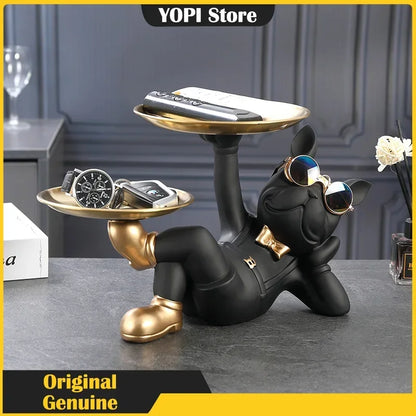 Resin Home Decor Dog Statue Butler with Tray Live Room French Bulldog Figurines Table Ornaments Decorative Dog Sculpture Gift