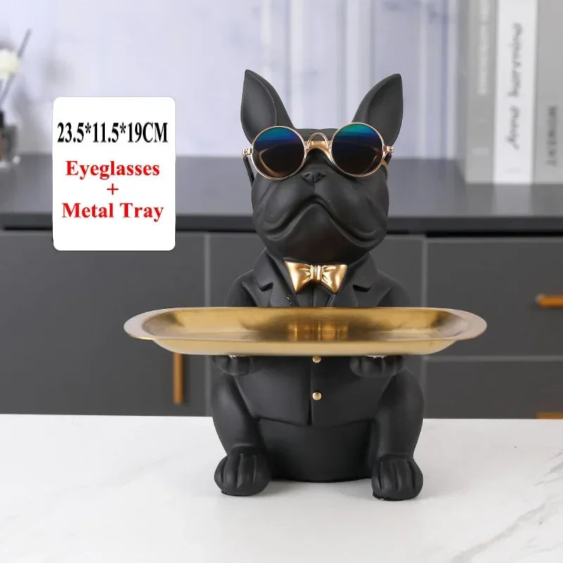 Resin Home Decor Dog Statue Butler with Tray Live Room French Bulldog Figurines Table Ornaments Decorative Dog Sculpture Gift