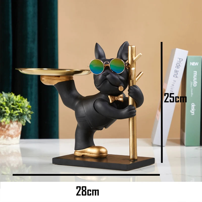 French Bulldog Sculpture Decoration Dog Figure Resin Statue Decor Decorative Figurine Storage Metal Tray Entrance Key Holder