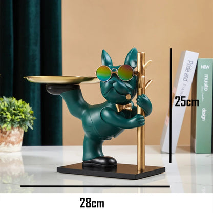 French Bulldog Sculpture Decoration Dog Figure Resin Statue Decor Decorative Figurine Storage Metal Tray Entrance Key Holder