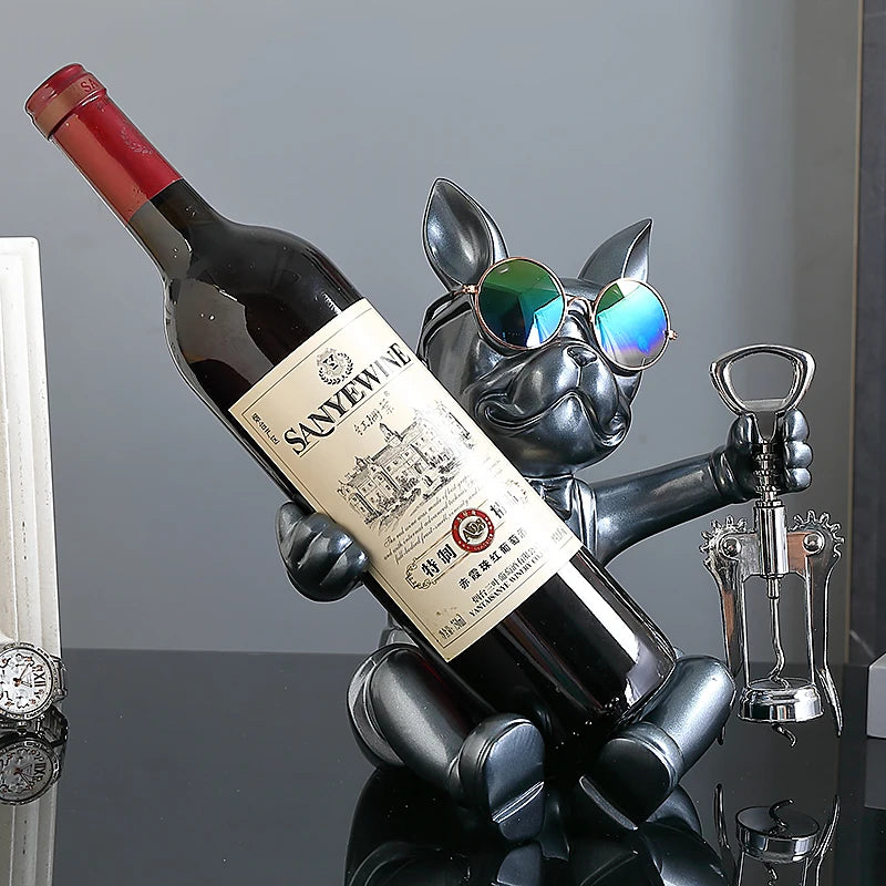 New French Bulldog Statue Wine Rack Dog Sculpture Home Decor Table Decoration Wine Holder Accessories Free Corkscrew Wine Opener